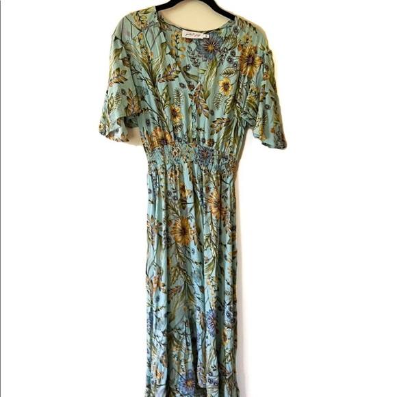 Petal and Pup Sz S Blue Floral Maxi Flutter Sleeve Ruched Waist V-Neck Sundress - Picture 7 of 9